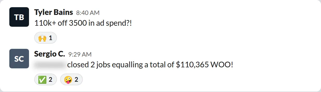 Slack screenshot from PaintLaunch's client success channel: $110,365 closed off $3,500 in ad spend, June 2026