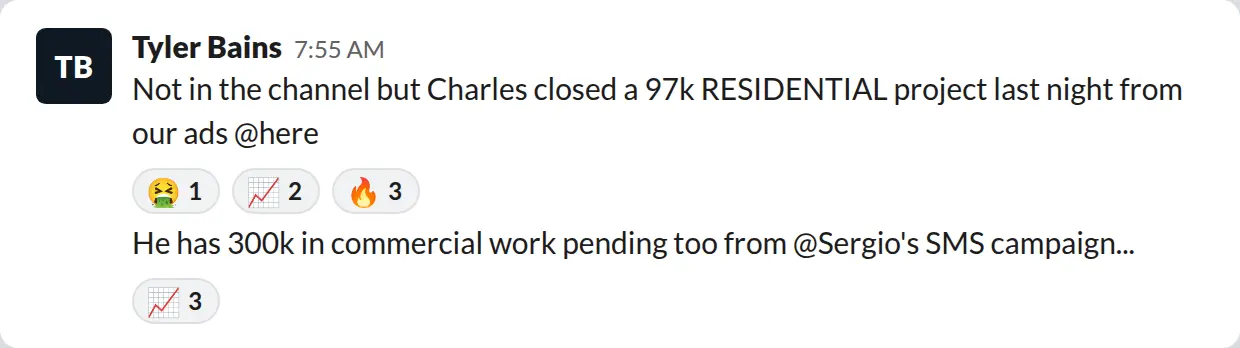 Slack screenshot from PaintLaunch's client success channel: Charles closed a $97K residential project from the ads, March 2026