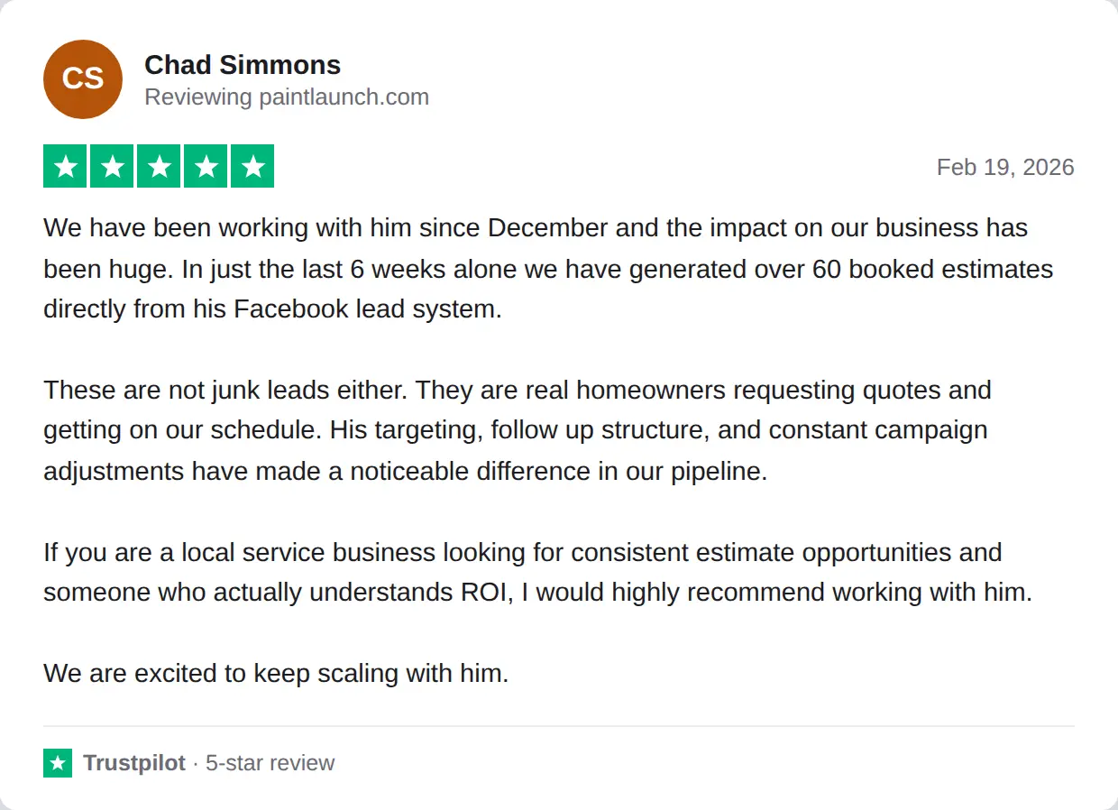 Screenshot of a 5-star Trustpilot review of PaintLaunch by Chad Simmons, Feb 19, 2026