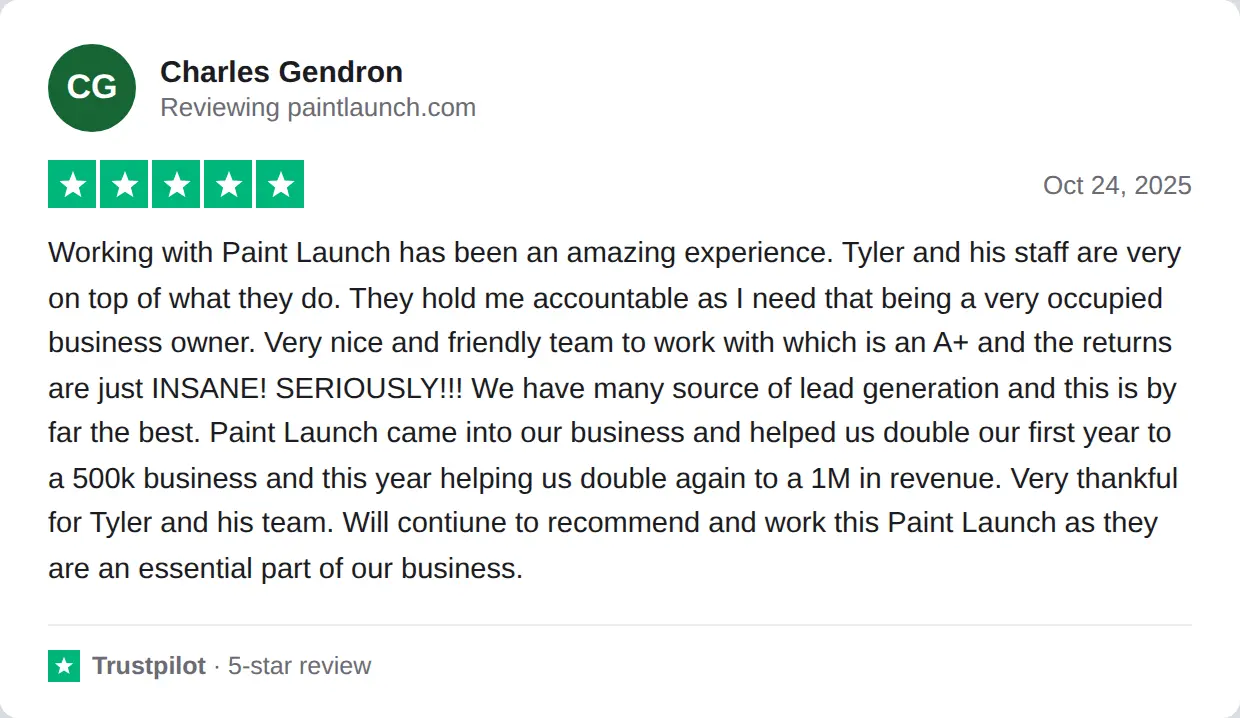Screenshot of a 5-star Trustpilot review of PaintLaunch by Charles Gendron, Oct 24, 2025