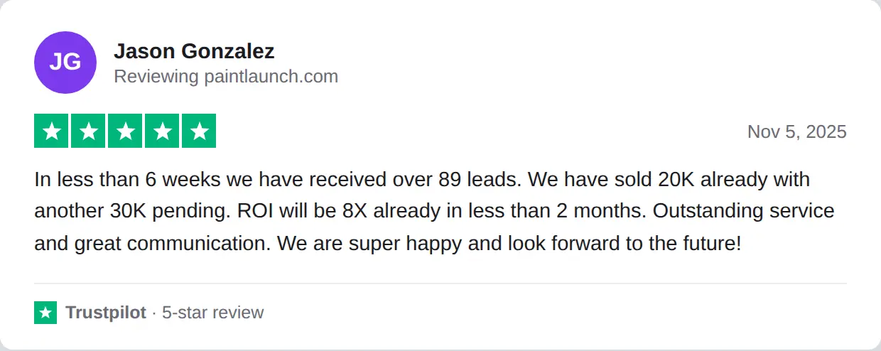 Screenshot of a 5-star Trustpilot review of PaintLaunch by Jason Gonzalez, Nov 5, 2025