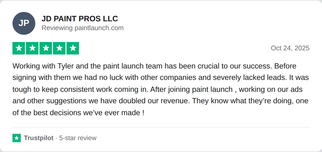 Screenshot of a 5-star Trustpilot review of PaintLaunch by JD PAINT PROS LLC, Oct 24, 2025