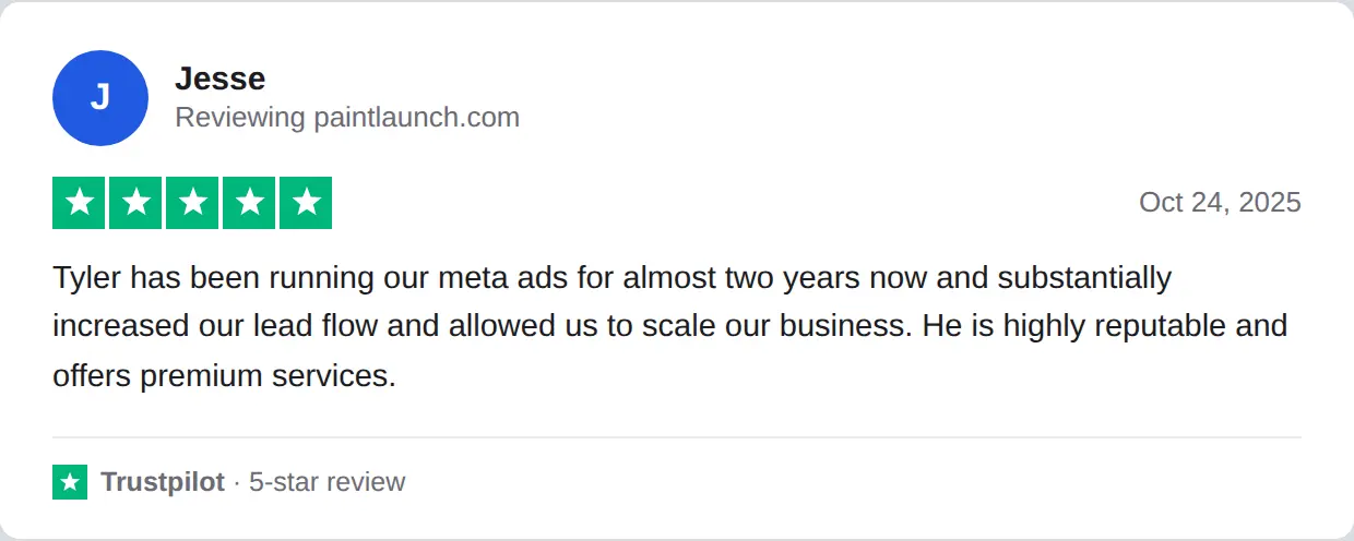 Screenshot of a 5-star Trustpilot review of PaintLaunch by Jesse, Oct 24, 2025
