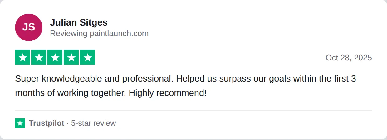 Screenshot of a 5-star Trustpilot review of PaintLaunch by Julian Sitges, Oct 28, 2025