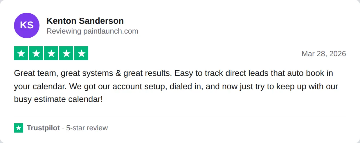 Screenshot of a 5-star Trustpilot review of PaintLaunch by Kenton Sanderson, Mar 28, 2026