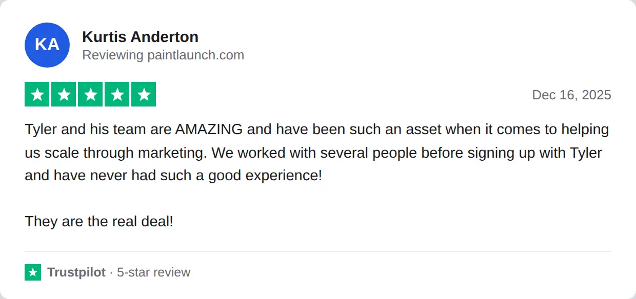 Screenshot of a 5-star Trustpilot review of PaintLaunch by Kurtis Anderton, Dec 16, 2025