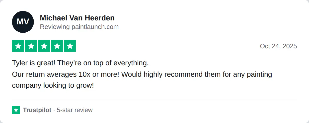 Screenshot of a 5-star Trustpilot review of PaintLaunch by Michael Van Heerden, Oct 24, 2025