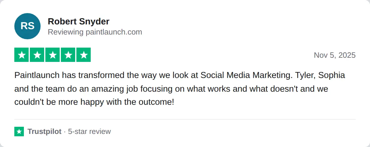 Screenshot of a 5-star Trustpilot review of PaintLaunch by Robert Snyder, Nov 5, 2025