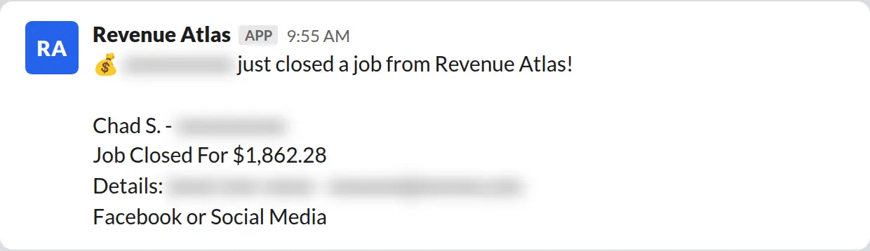 Slack screenshot: Revenue Atlas bot posts a $1,862 closed job from a PaintLaunch client, February 2026. Company name blurred for privacy.