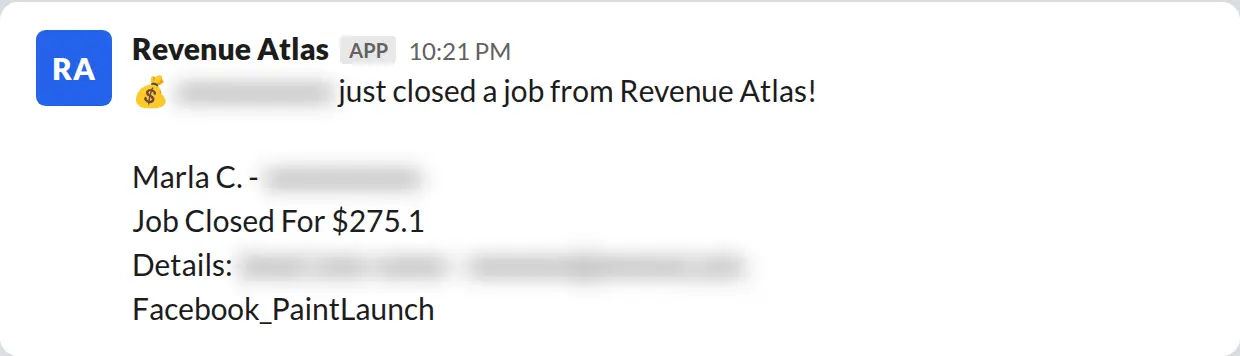Slack screenshot: Revenue Atlas bot posts a $275 closed job from a PaintLaunch client, February 2026. Company name blurred for privacy.
