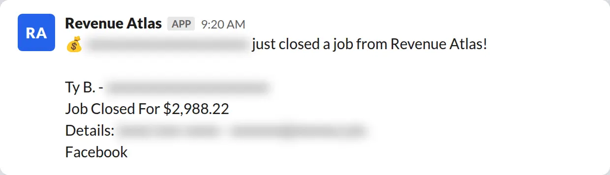 Slack screenshot: Revenue Atlas bot posts a $2,988 closed job from a PaintLaunch client, February 2026. Company name blurred for privacy.
