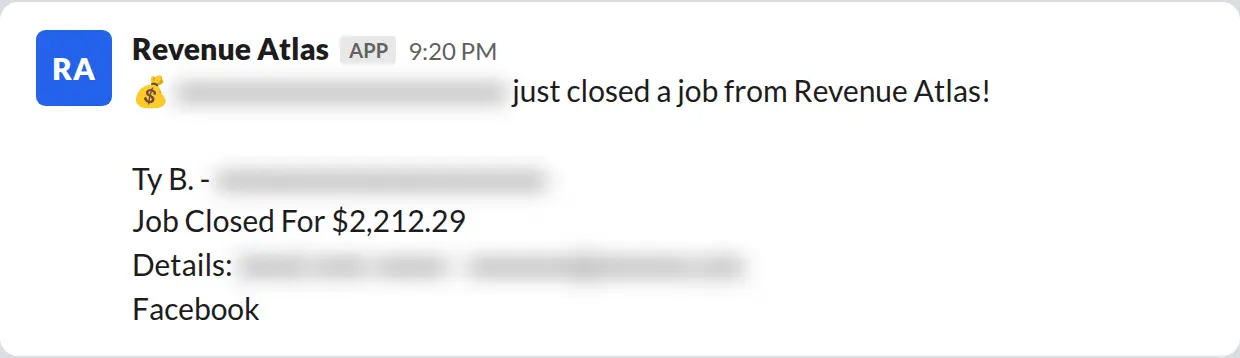 Slack screenshot: Revenue Atlas bot posts a $2,212 closed job from a PaintLaunch client, February 2026. Company name blurred for privacy.