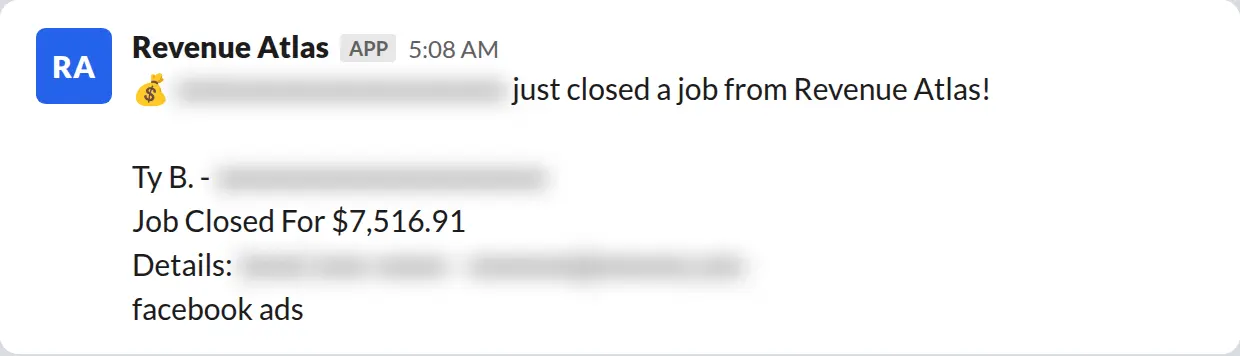 Slack screenshot: Revenue Atlas bot posts a $7,517 closed job from a PaintLaunch client, February 2026. Company name blurred for privacy.
