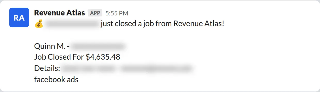 Slack screenshot: Revenue Atlas bot posts a $4,635 closed job from a PaintLaunch client, February 2026. Company name blurred for privacy.