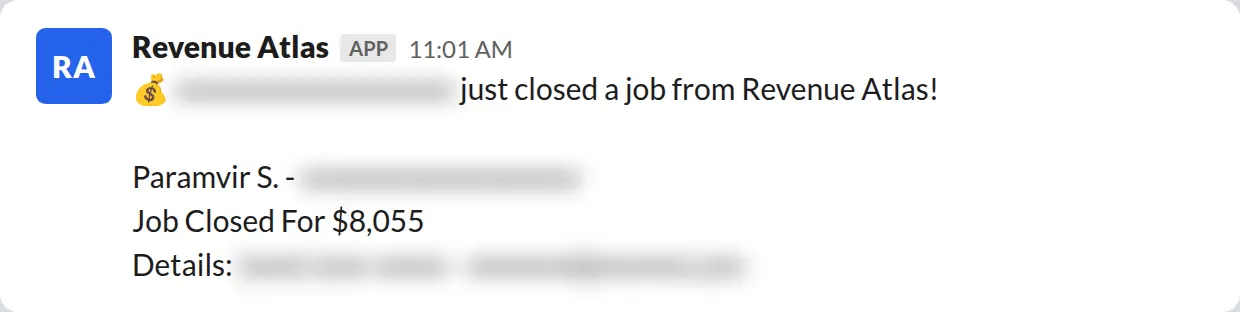 Slack screenshot: Revenue Atlas bot posts a $8,055 closed job from a PaintLaunch client, February 2026. Company name blurred for privacy.