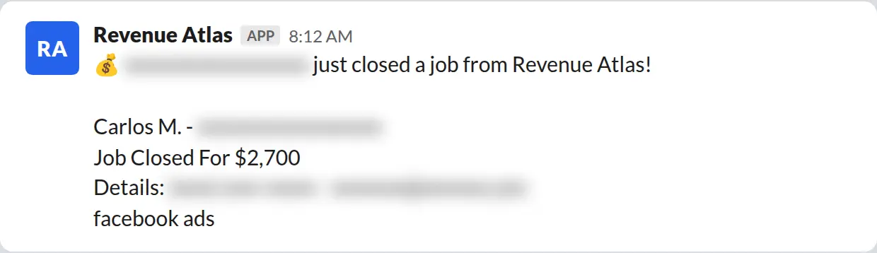 Slack screenshot: Revenue Atlas bot posts a $2,700 closed job from a PaintLaunch client, February 2026. Company name blurred for privacy.