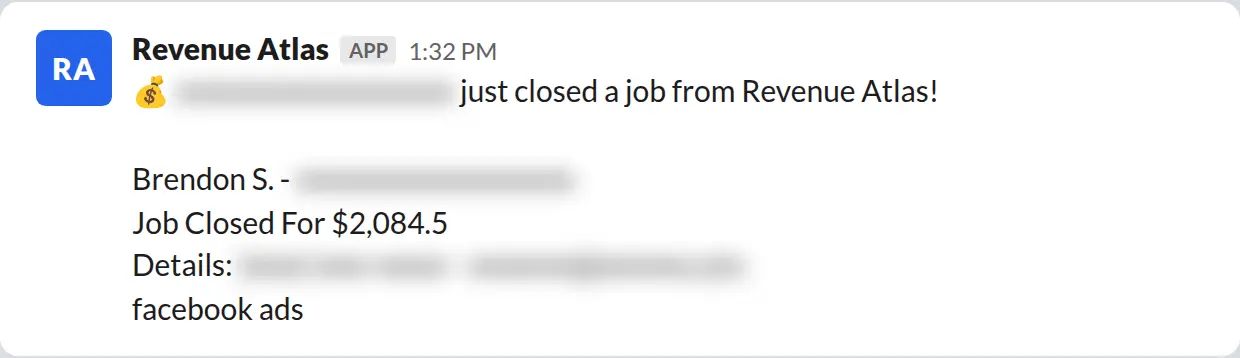 Slack screenshot: Revenue Atlas bot posts a $2,084 closed job from a PaintLaunch client, February 2026. Company name blurred for privacy.