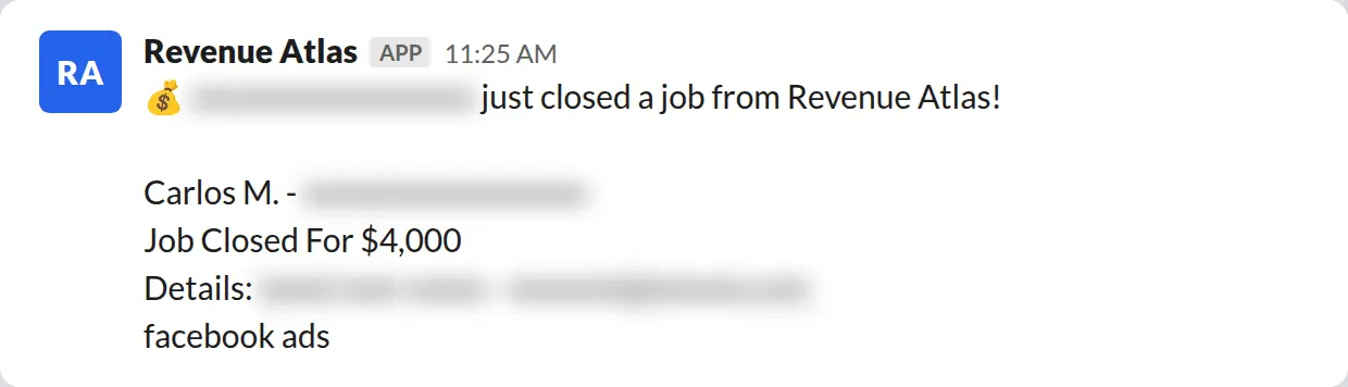 Slack screenshot: Revenue Atlas bot posts a $4,000 closed job from a PaintLaunch client, March 2026. Company name blurred for privacy.