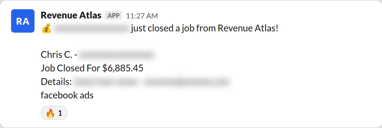 Slack screenshot: Revenue Atlas bot posts a $6,885 closed job from a PaintLaunch client, March 2026. Company name blurred for privacy.