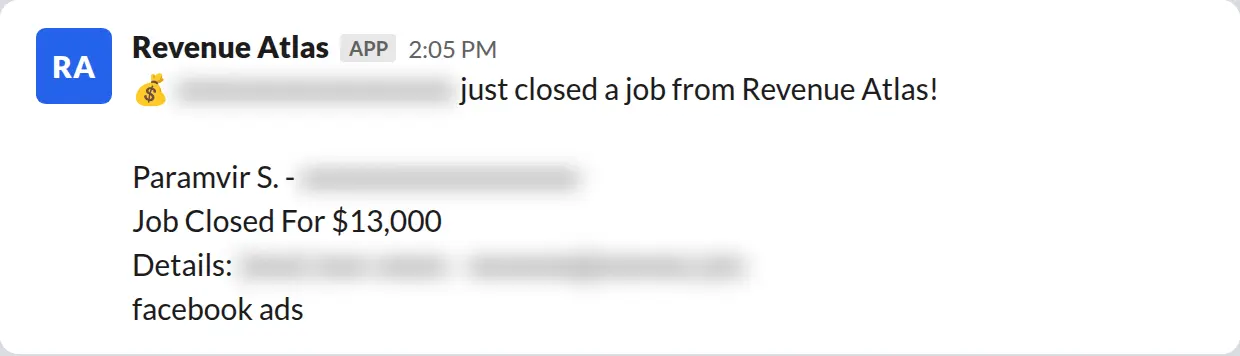 Slack screenshot: Revenue Atlas bot posts a $13,000 closed job from a PaintLaunch client, March 2026. Company name blurred for privacy.