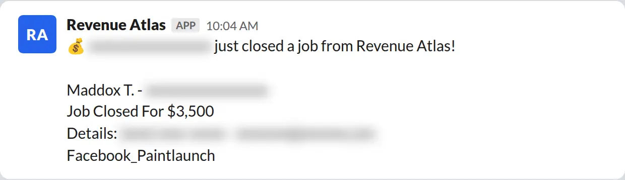 Slack screenshot: Revenue Atlas bot posts a $3,500 closed job from a PaintLaunch client, March 2026. Company name blurred for privacy.