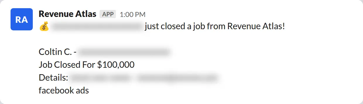 Slack screenshot: Revenue Atlas bot posts a $100,000 closed job from a PaintLaunch client, March 2026. Company name blurred for privacy.