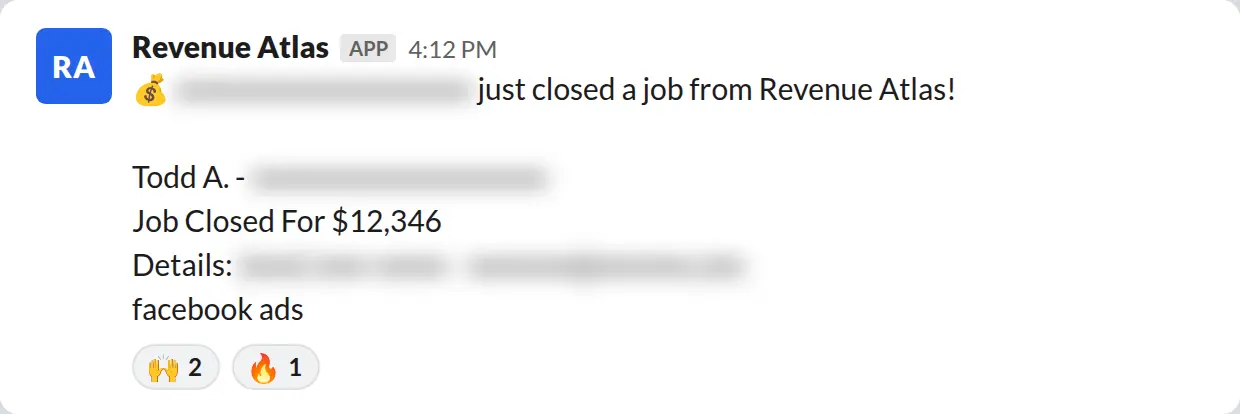 Slack screenshot: Revenue Atlas bot posts a $12,346 closed job from a PaintLaunch client, March 2026. Company name blurred for privacy.