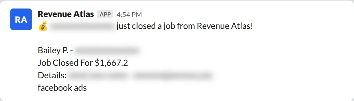 Slack screenshot: Revenue Atlas bot posts a $1,667 closed job from a PaintLaunch client, March 2026. Company name blurred for privacy.