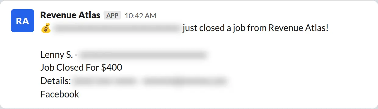 Slack screenshot: Revenue Atlas bot posts a $400 closed job from a PaintLaunch client, April 2026. Company name blurred for privacy.