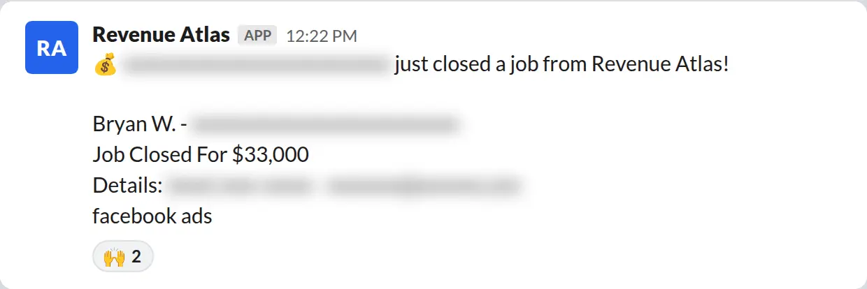 Slack screenshot: Revenue Atlas bot posts a $33,000 closed job from a PaintLaunch client, April 2026. Company name blurred for privacy.