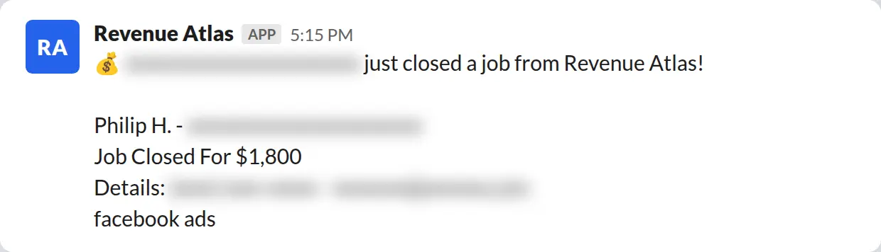 Slack screenshot: Revenue Atlas bot posts a $1,800 closed job from a PaintLaunch client, April 2026. Company name blurred for privacy.