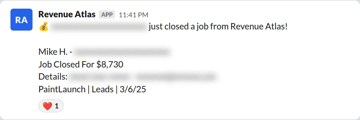 Slack screenshot: Revenue Atlas bot posts a $8,730 closed job from a PaintLaunch client, April 2026. Company name blurred for privacy.