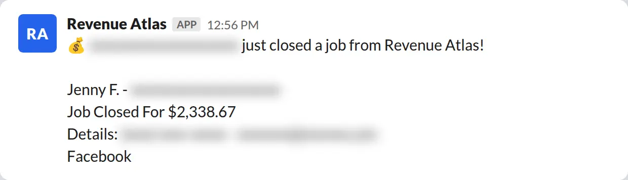 Slack screenshot: Revenue Atlas bot posts a $2,339 closed job from a PaintLaunch client, April 2026. Company name blurred for privacy.