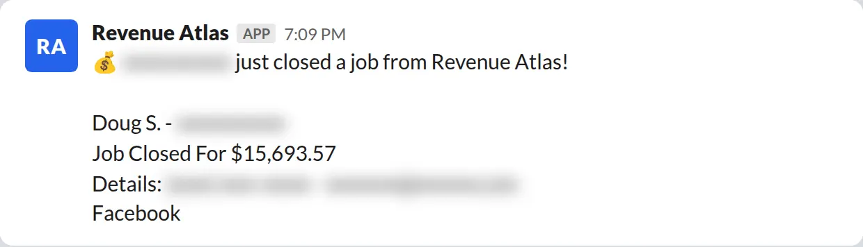 Slack screenshot: Revenue Atlas bot posts a $15,694 closed job from a PaintLaunch client, April 2026. Company name blurred for privacy.