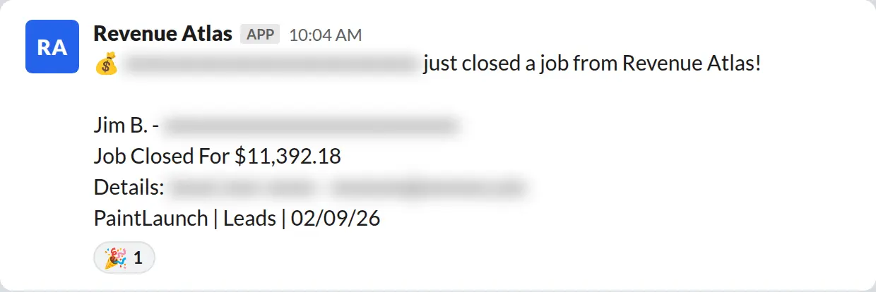 Slack screenshot: Revenue Atlas bot posts a $11,392 closed job from a PaintLaunch client, May 2026. Company name blurred for privacy.