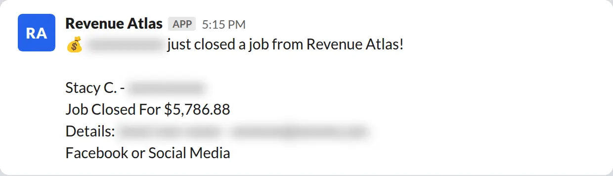 Slack screenshot: Revenue Atlas bot posts a $5,787 closed job from a PaintLaunch client, May 2026. Company name blurred for privacy.