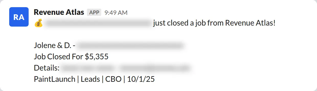 Slack screenshot: Revenue Atlas bot posts a $5,355 closed job from a PaintLaunch client, May 2026. Company name blurred for privacy.