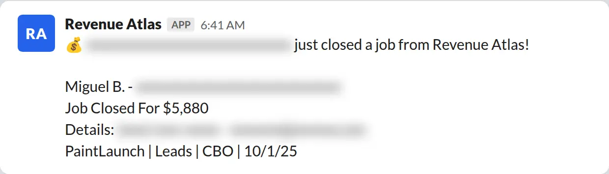 Slack screenshot: Revenue Atlas bot posts a $5,880 closed job from a PaintLaunch client, May 2026. Company name blurred for privacy.