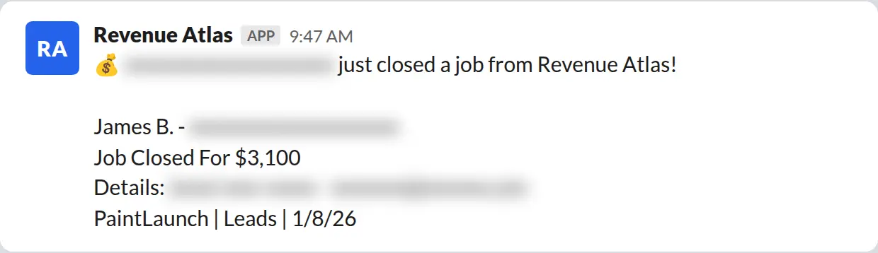 Slack screenshot: Revenue Atlas bot posts a $3,100 closed job from a PaintLaunch client, May 2026. Company name blurred for privacy.