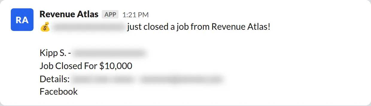 Slack screenshot: Revenue Atlas bot posts a $10,000 closed job from a PaintLaunch client, May 2026. Company name blurred for privacy.