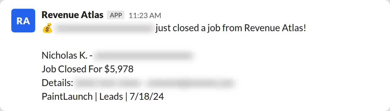 Slack screenshot: Revenue Atlas bot posts a $5,978 closed job from a PaintLaunch client, May 2026. Company name blurred for privacy.