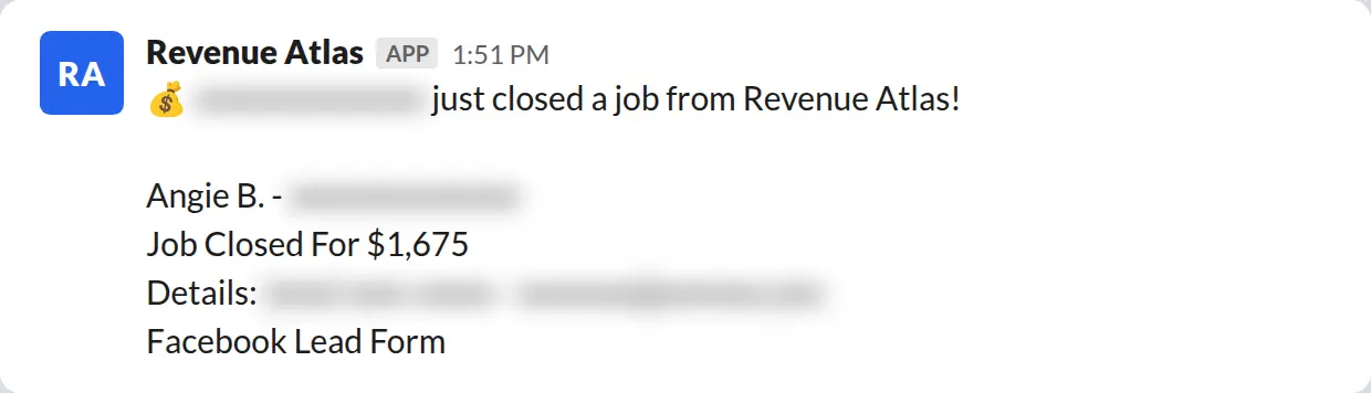 Slack screenshot: Revenue Atlas bot posts a $1,675 closed job from a PaintLaunch client, June 2026. Company name blurred for privacy.