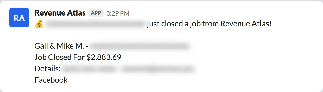 Slack screenshot: Revenue Atlas bot posts a $2,884 closed job from a PaintLaunch client, June 2026. Company name blurred for privacy.