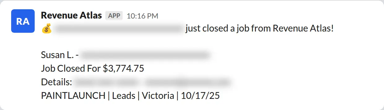 Slack screenshot: Revenue Atlas bot posts a $3,775 closed job from a PaintLaunch client, June 2026. Company name blurred for privacy.