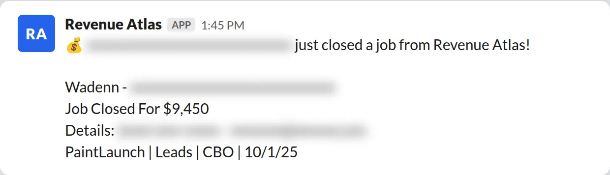 Slack screenshot: Revenue Atlas bot posts a $9,450 closed job from a PaintLaunch client, June 2026. Company name blurred for privacy.