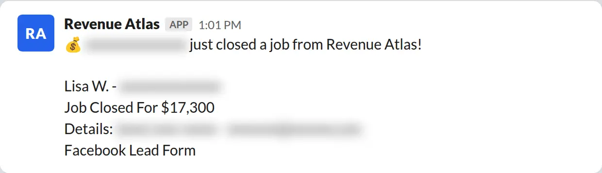 Slack screenshot: Revenue Atlas bot posts a $17,300 closed job from a PaintLaunch client, June 2026. Company name blurred for privacy.
