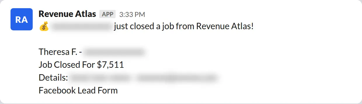 Slack screenshot: Revenue Atlas bot posts a $7,511 closed job from a PaintLaunch client, June 2026. Company name blurred for privacy.
