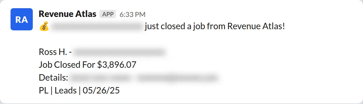 Slack screenshot: Revenue Atlas bot posts a $3,896 closed job from a PaintLaunch client, June 2026. Company name blurred for privacy.