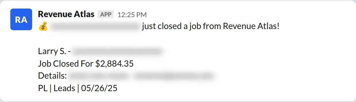 Slack screenshot: Revenue Atlas bot posts a $2,884 closed job from a PaintLaunch client, June 2026. Company name blurred for privacy.
