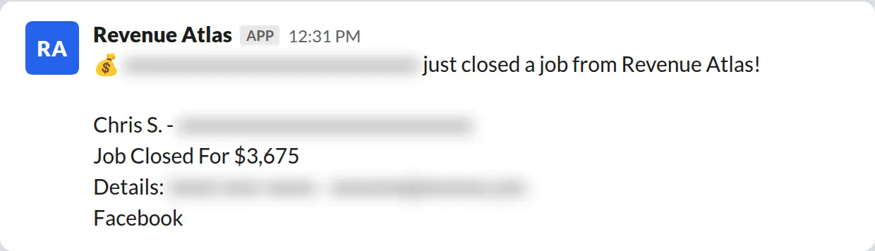 Slack screenshot: Revenue Atlas bot posts a $3,675 closed job from a PaintLaunch client, July 2026. Company name blurred for privacy.